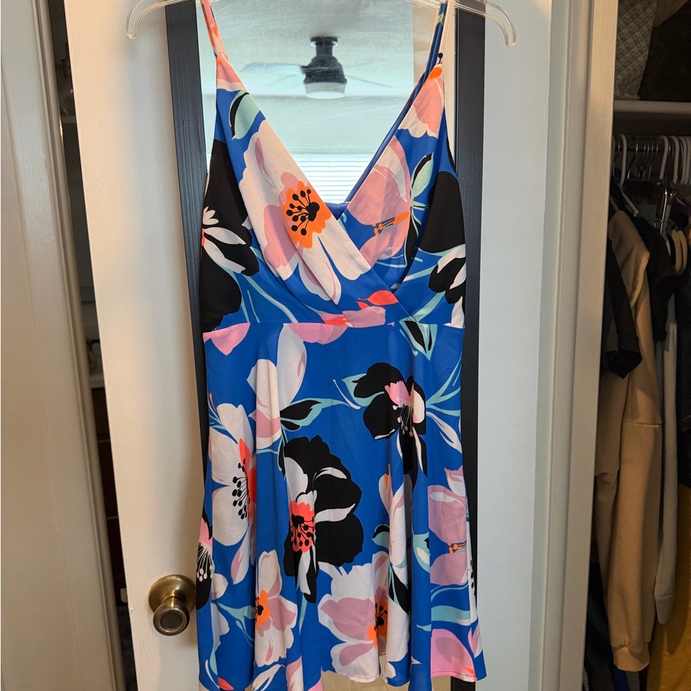 Express Floral Blue A-Line Spaghetti Strap Dress